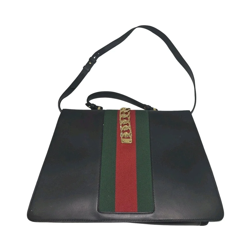 Gucci Sylvie 1969 leather handbag Maxi Size Black Striped Red Green Gold Chain